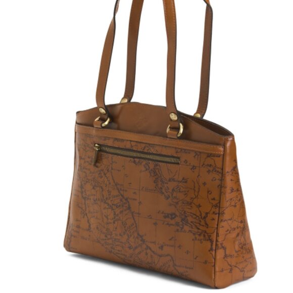 Patricia Nash Leather Poppy Tote Signature Map Brown Shoulder Handbag